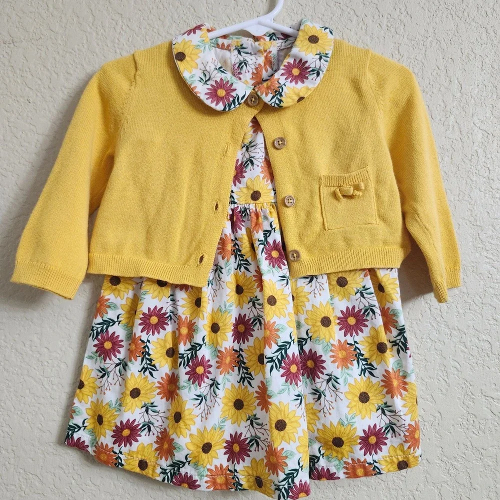 Good Lad Baby Girls 12M Yellow Sunflower Cardigan Dress‎ Set Peter Pan Collar